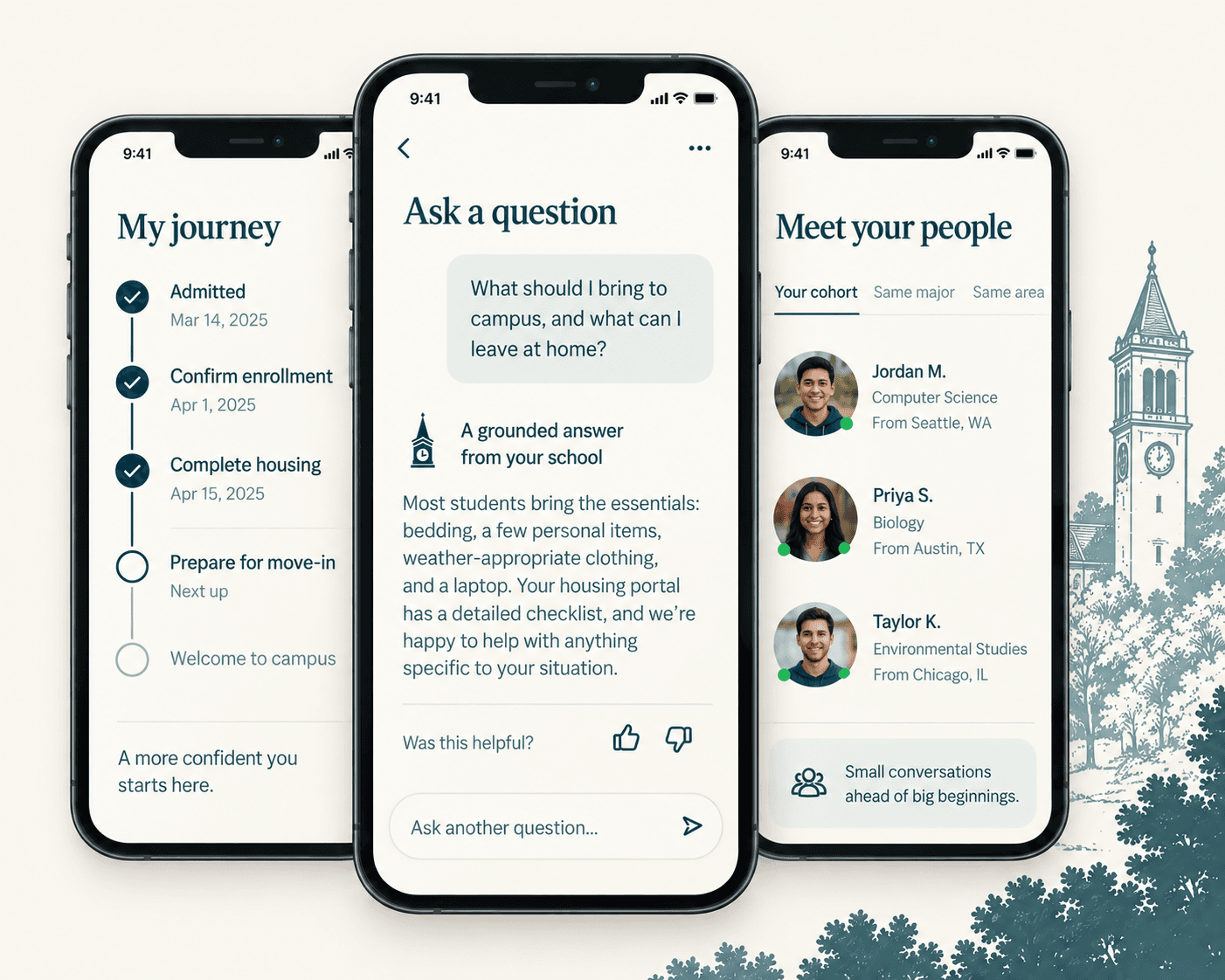 Illustrative Clocktower app preview: an enrollment checklist, a school-grounded answer, and introductions to fellow students.